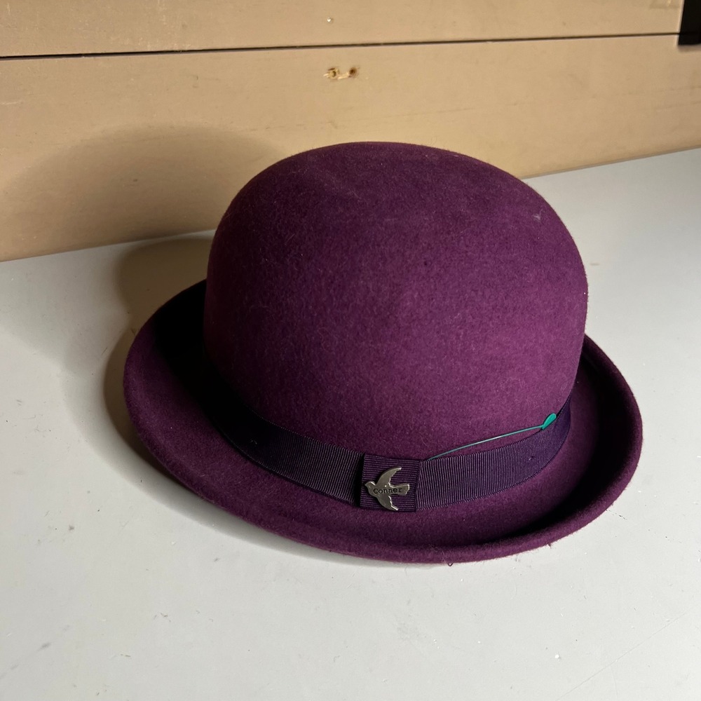 Conner Handmade Hats Purple 100% Wool Bowler Derby Hat Bird Logo Pin C1089-1